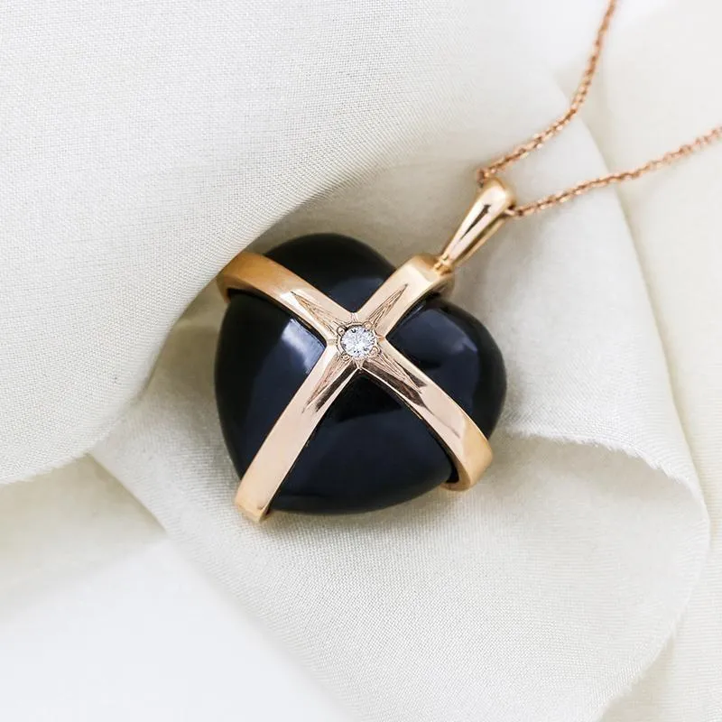 18ct Rose Gold Whitby Jet Diamond Large Cross Heart Necklace