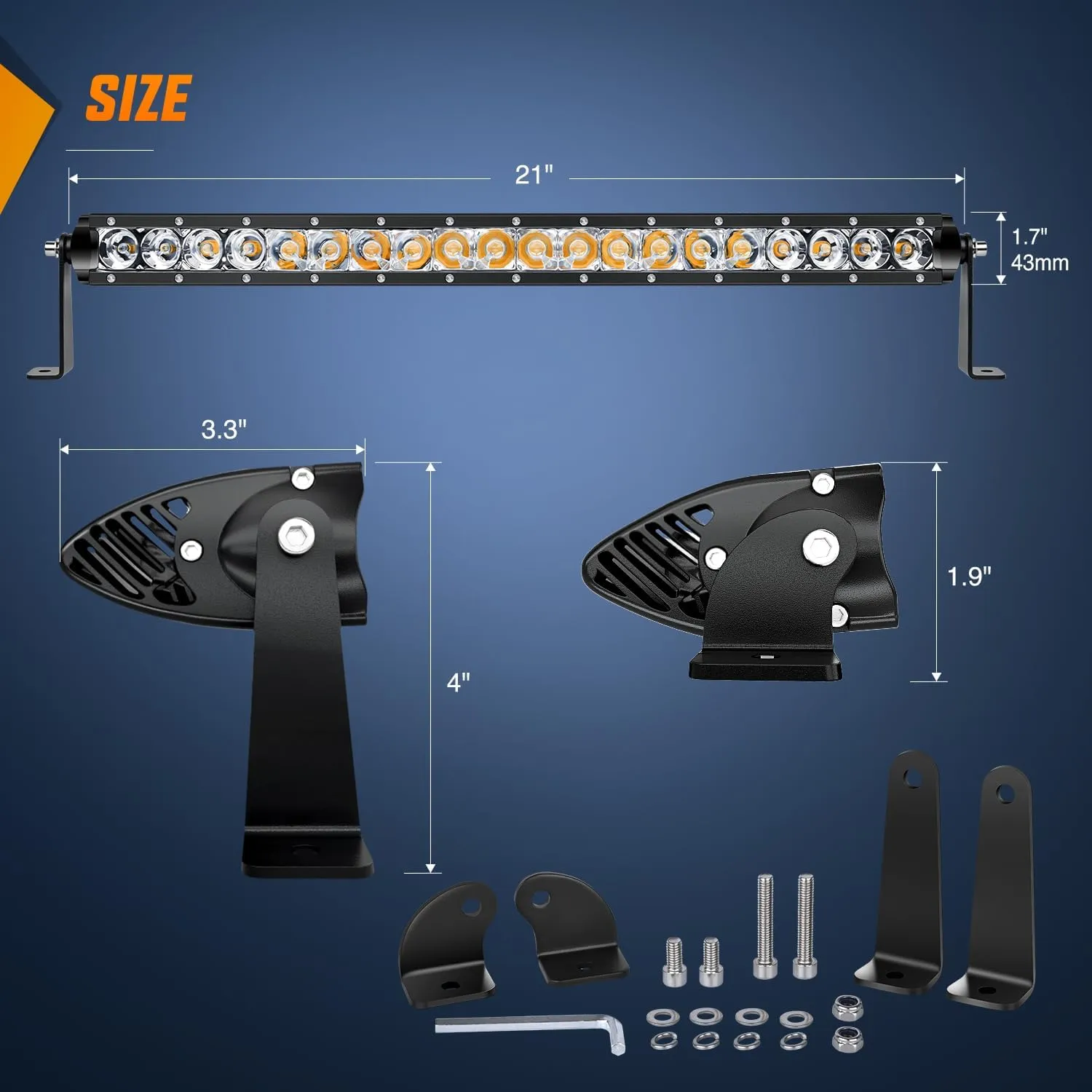 21 Inch 100W 6200LM Amber Slim Spot Flood Led Light Bar | 2 Style Mounts