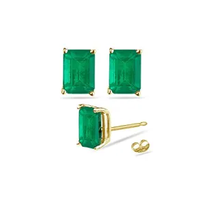 2.75-3.47 Cts of 8x6 mm AA Emerald Cut Natural Emerald Stud Earrings in 14K Yellow Gold