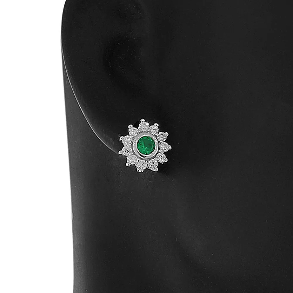 925 Sterling Silver Green CZ Womens Flower Floral Design Stud Earrings