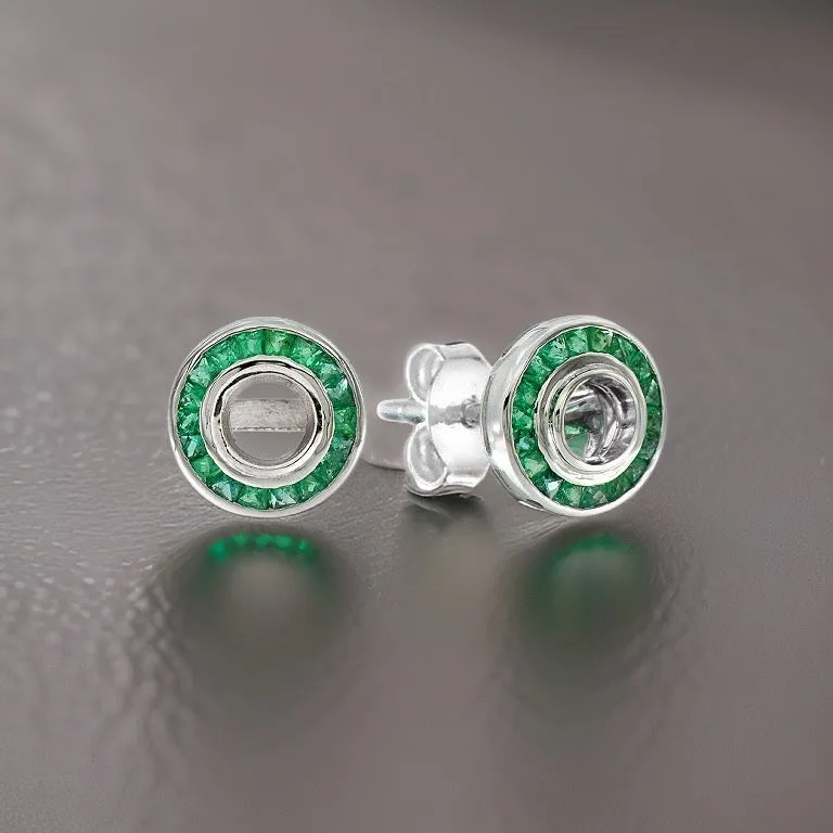 Art Deco Reproduction Aristocrat 1.41 cttw Emerald Semi Mount Earrings - Center Holds 1 ct Round Brilliant Diamond 11023