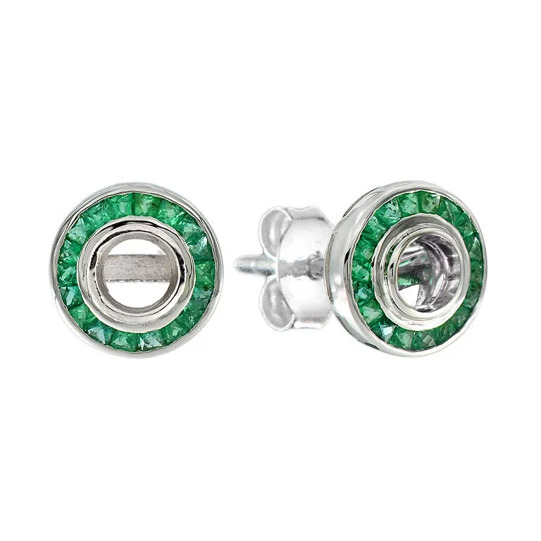 Art Deco Reproduction Aristocrat 1.41 cttw Emerald Semi Mount Earrings - Center Holds 1 ct Round Brilliant Diamond 11023