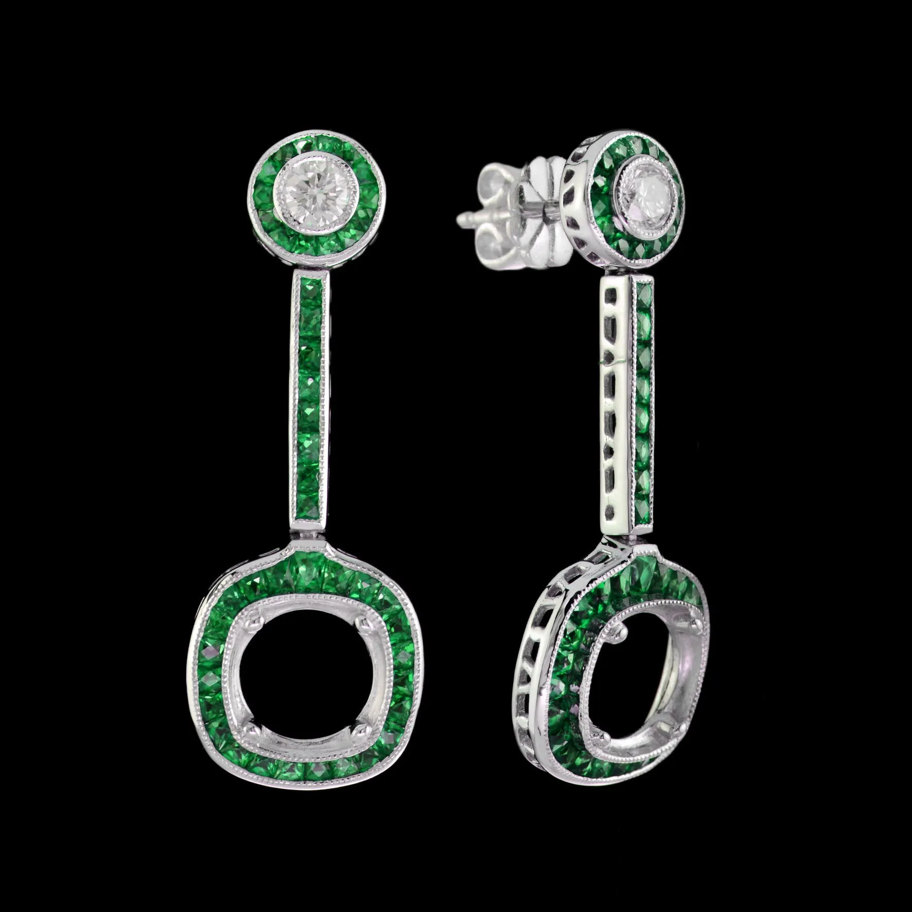 Art Deco Reproduction Aristocrat 1.82 cttw Emerald and Diamond Semi Mount Earrings 11015