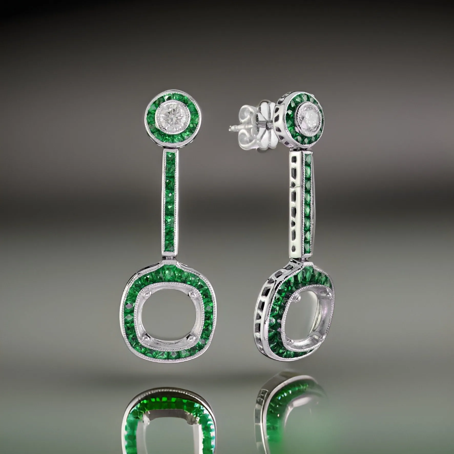 Art Deco Reproduction Aristocrat 1.82 cttw Emerald and Diamond Semi Mount Earrings 11015