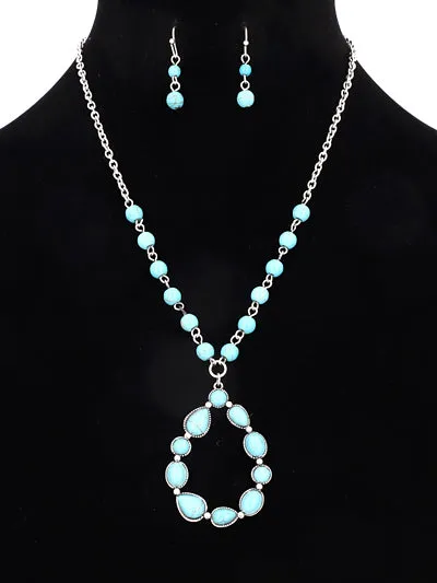 Fashion Western Teardrop Long Neck Turquoise Necklace, Stone Pendant Necklace Set