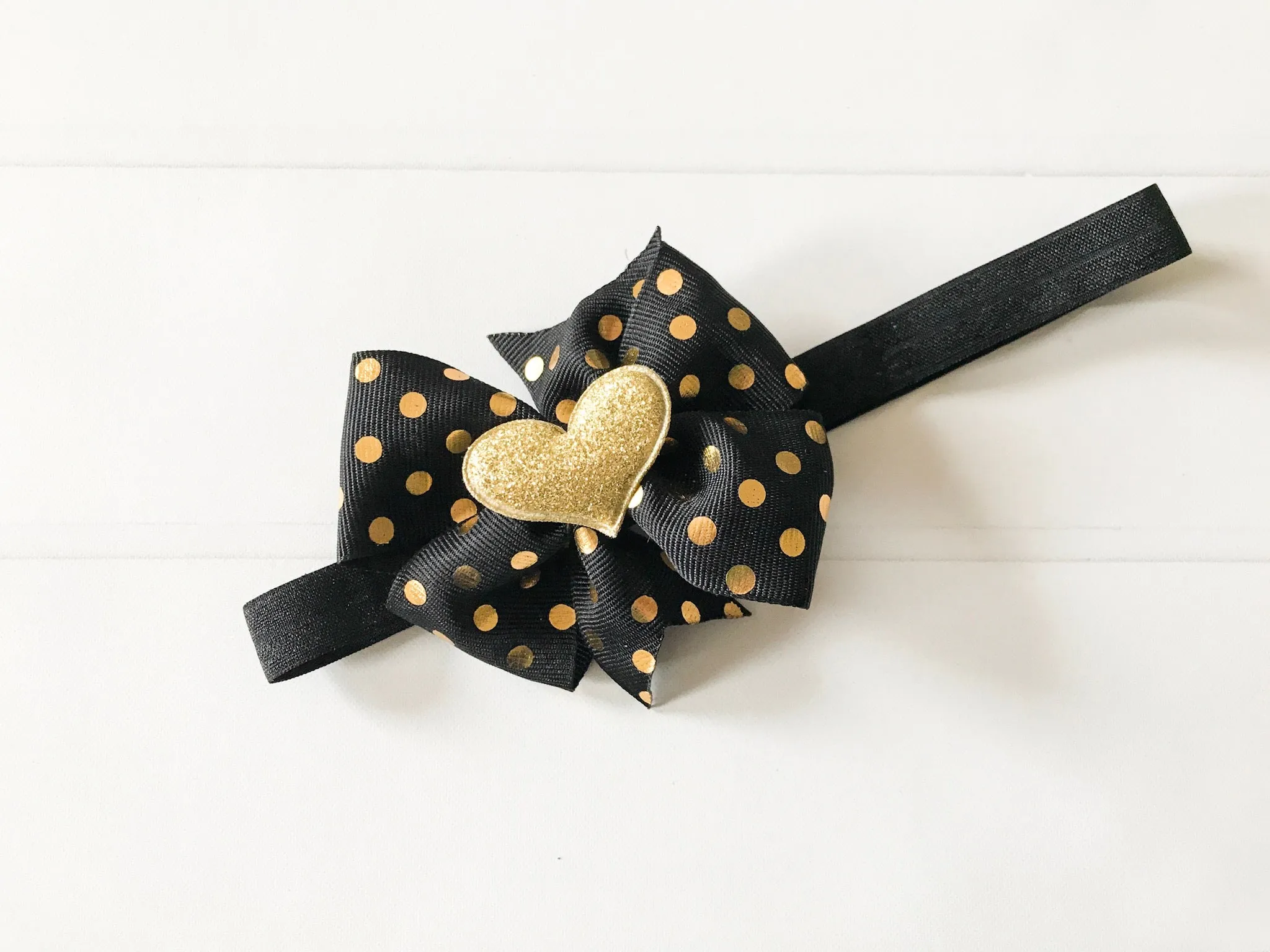 Girls Black and Gold Polka Dots Pinwheel Hair Bow I The Enchanted Magnolia