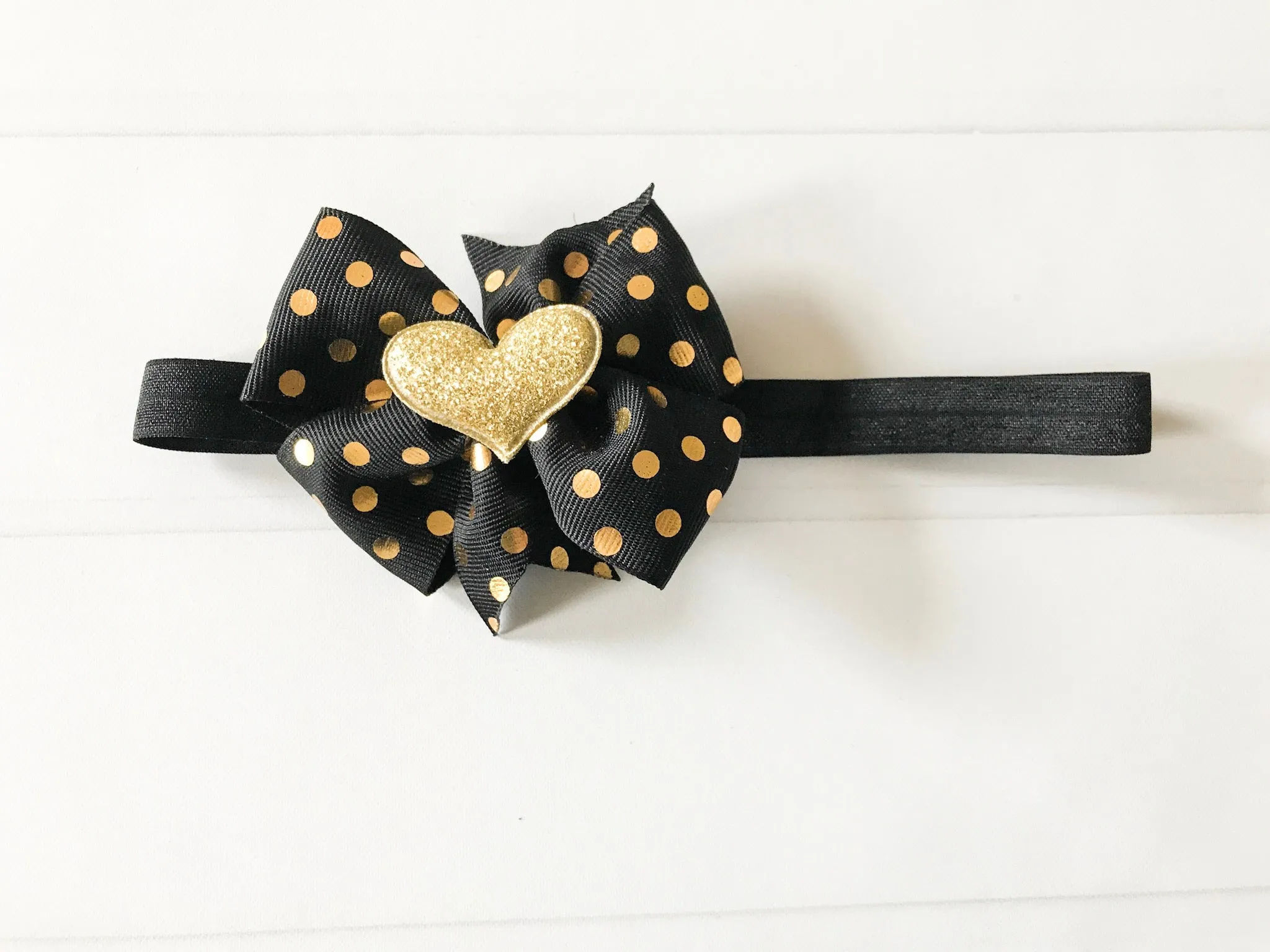 Girls Black and Gold Polka Dots Pinwheel Hair Bow I The Enchanted Magnolia