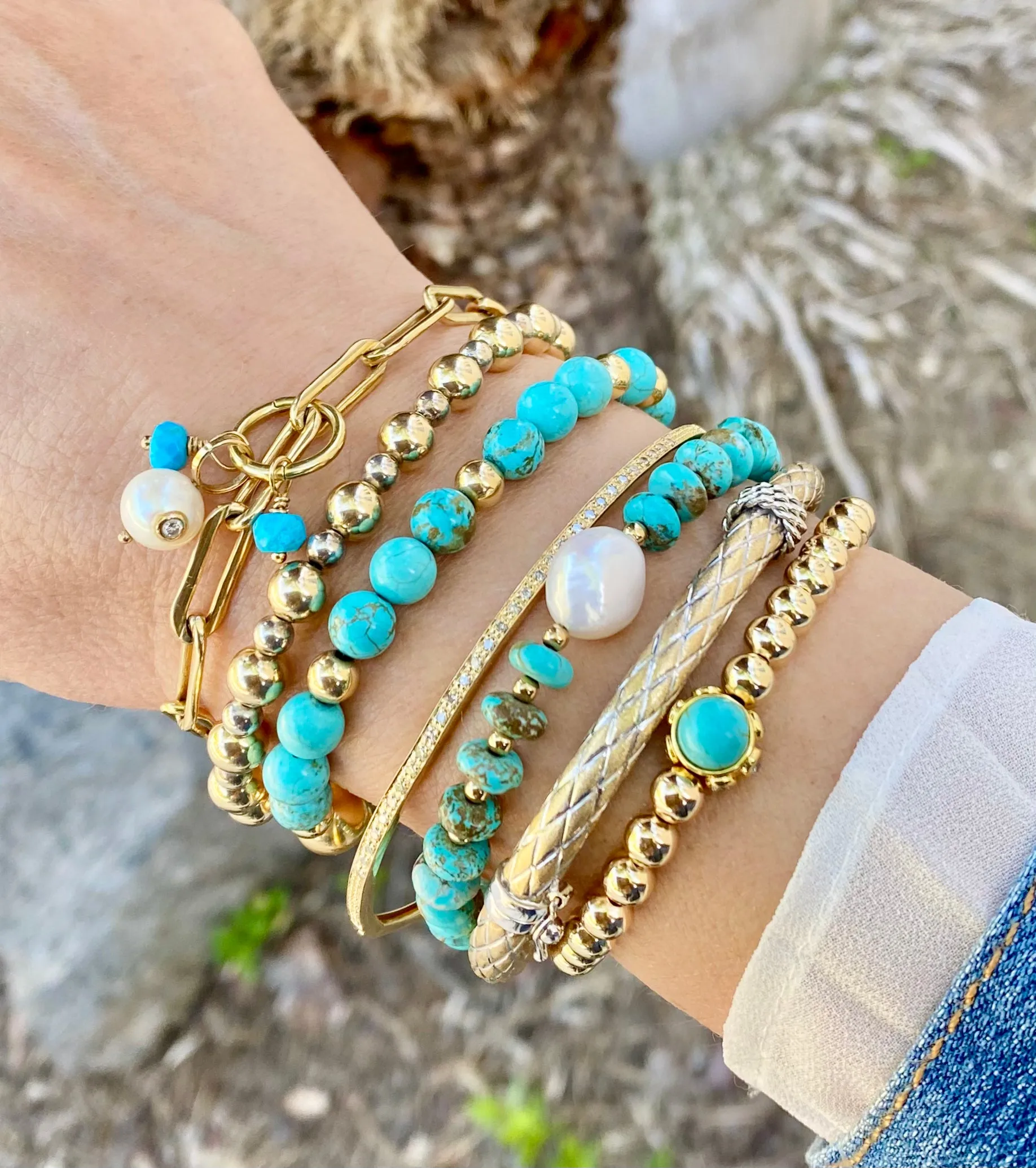 Gold Beads Bracelet with Turquoise Center