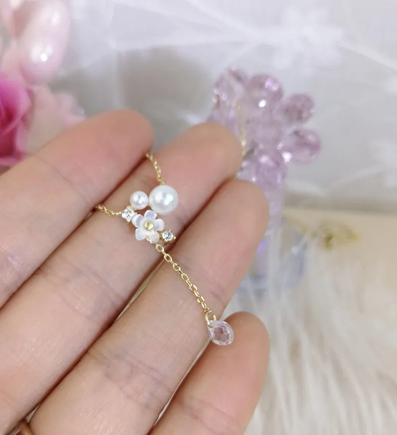 Gold Plated Sterling Silver White Shell Pearl Pendant Necklace