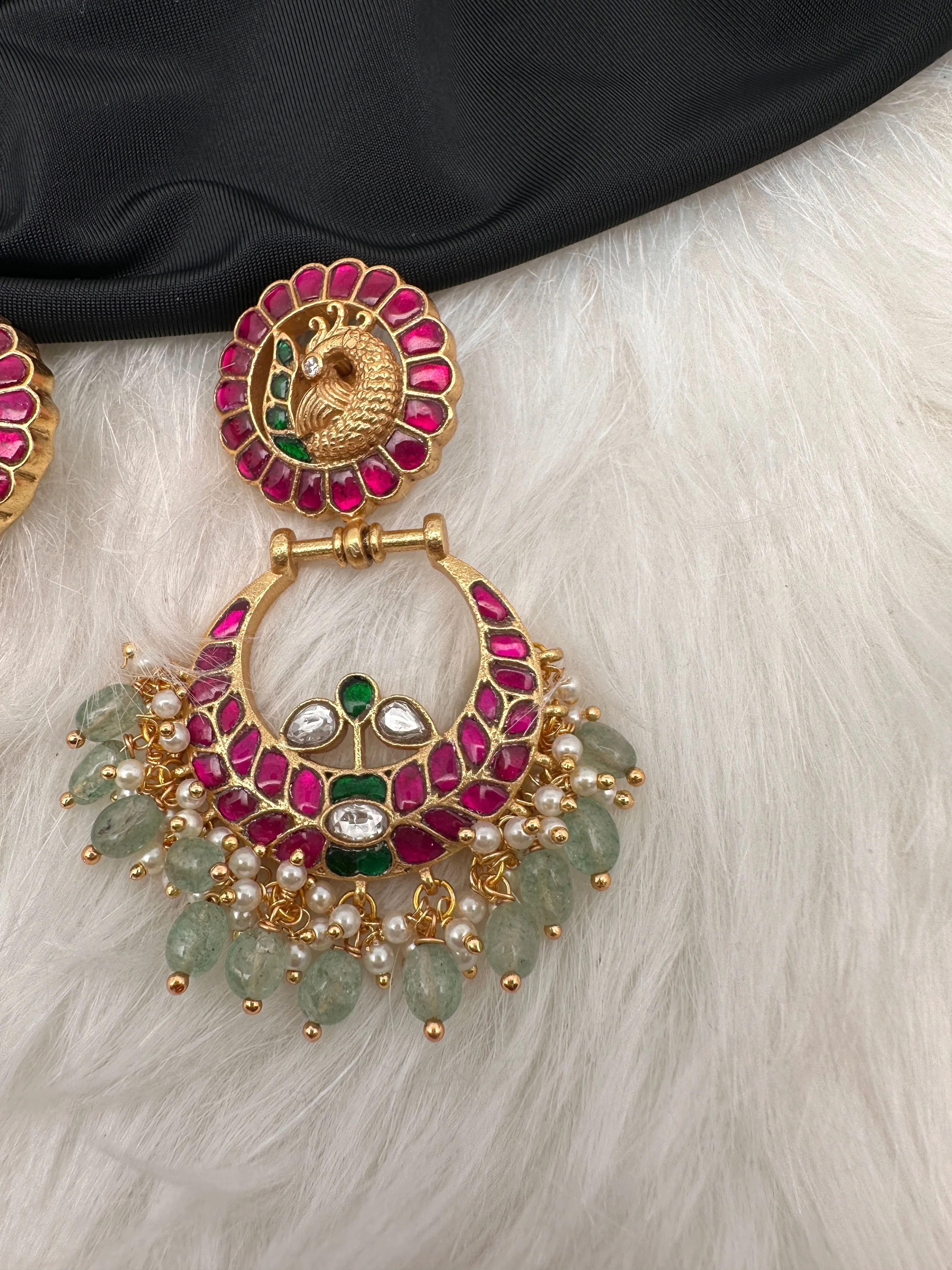 Peacock Red Green Jadau Kundan Chandballi Earrings