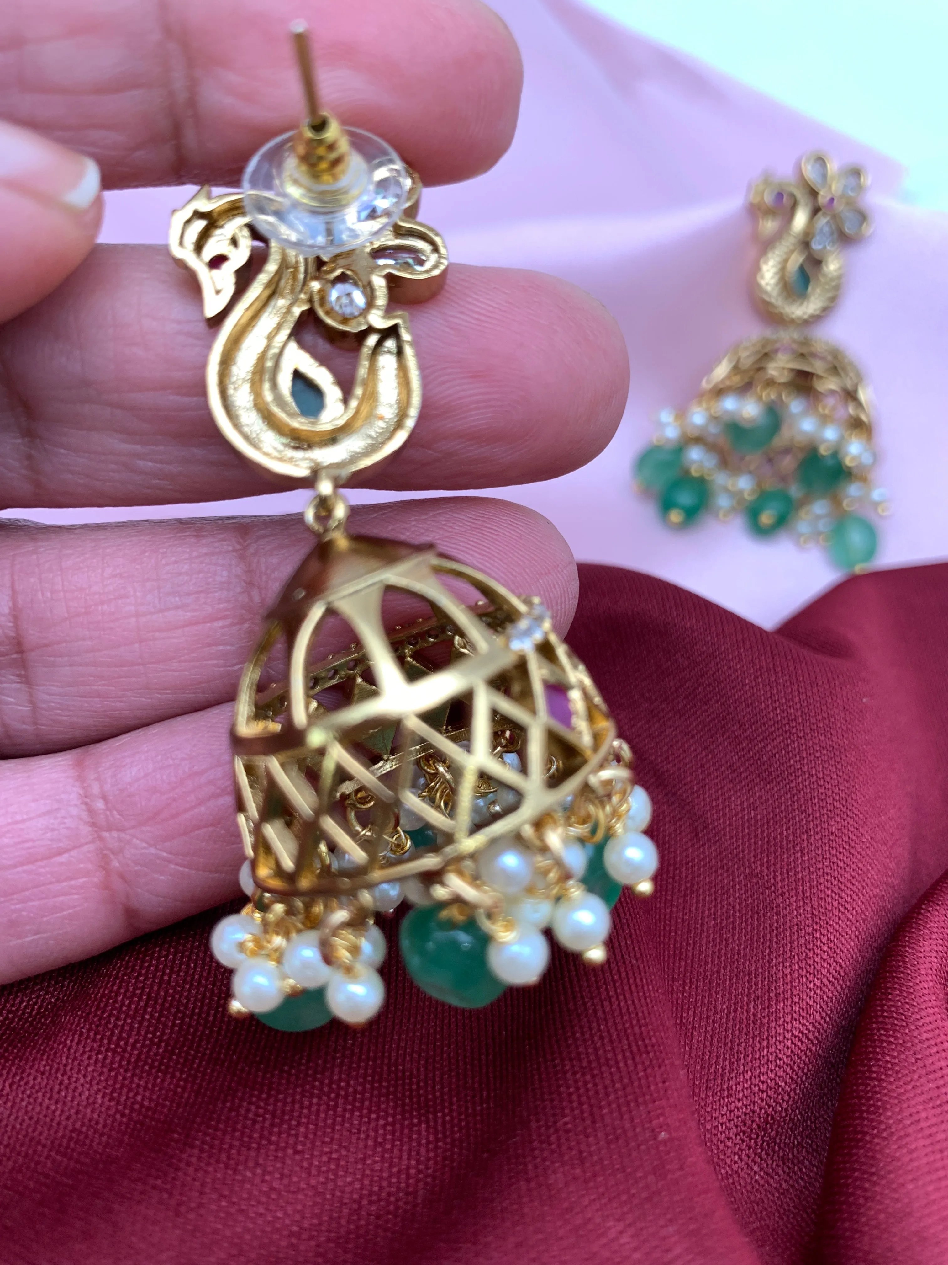 Peacock Red Stone Emerald Beads Matte Finish Jhumki