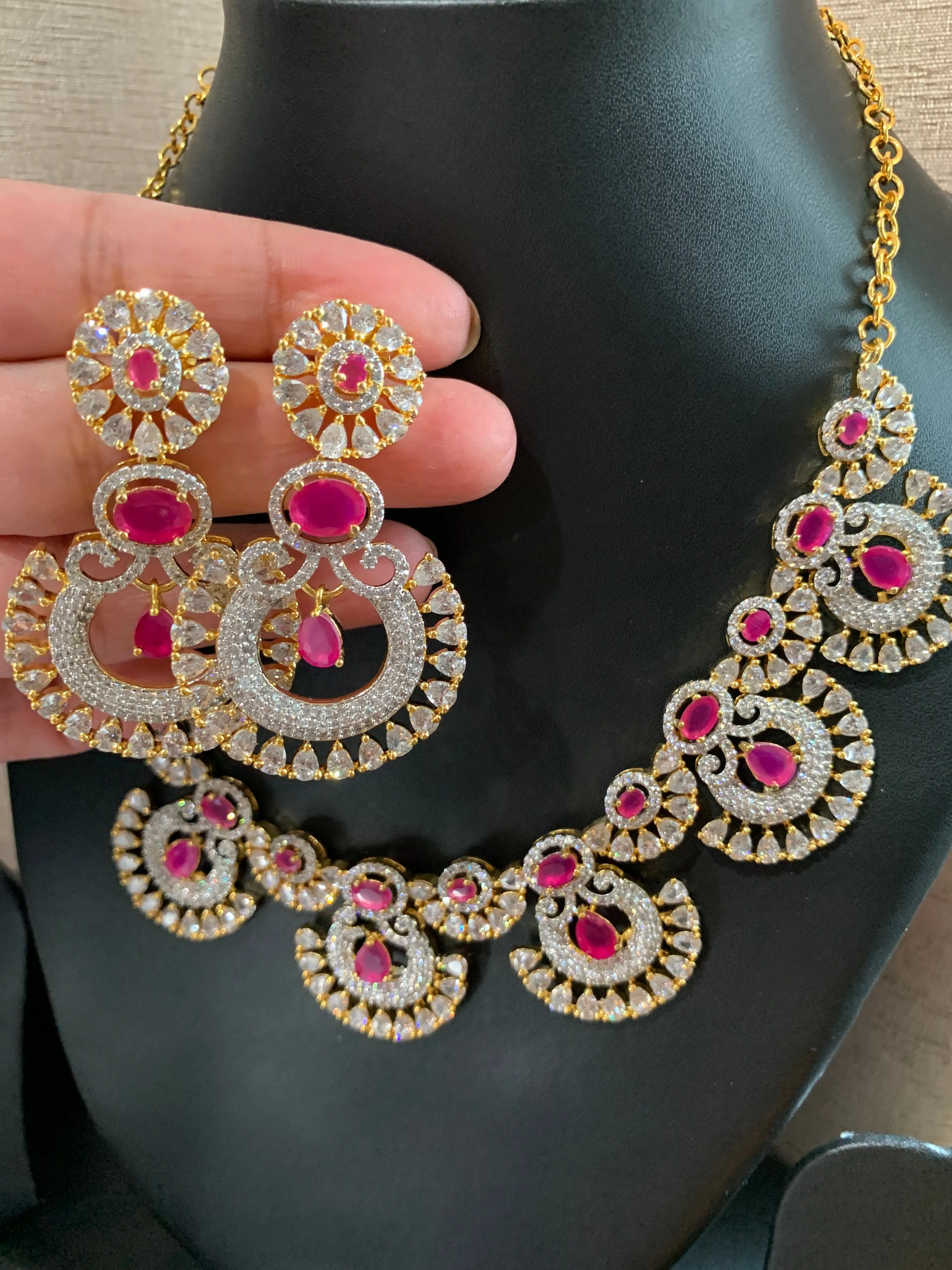 Pink Stone American Diamond Finish Short Necklace