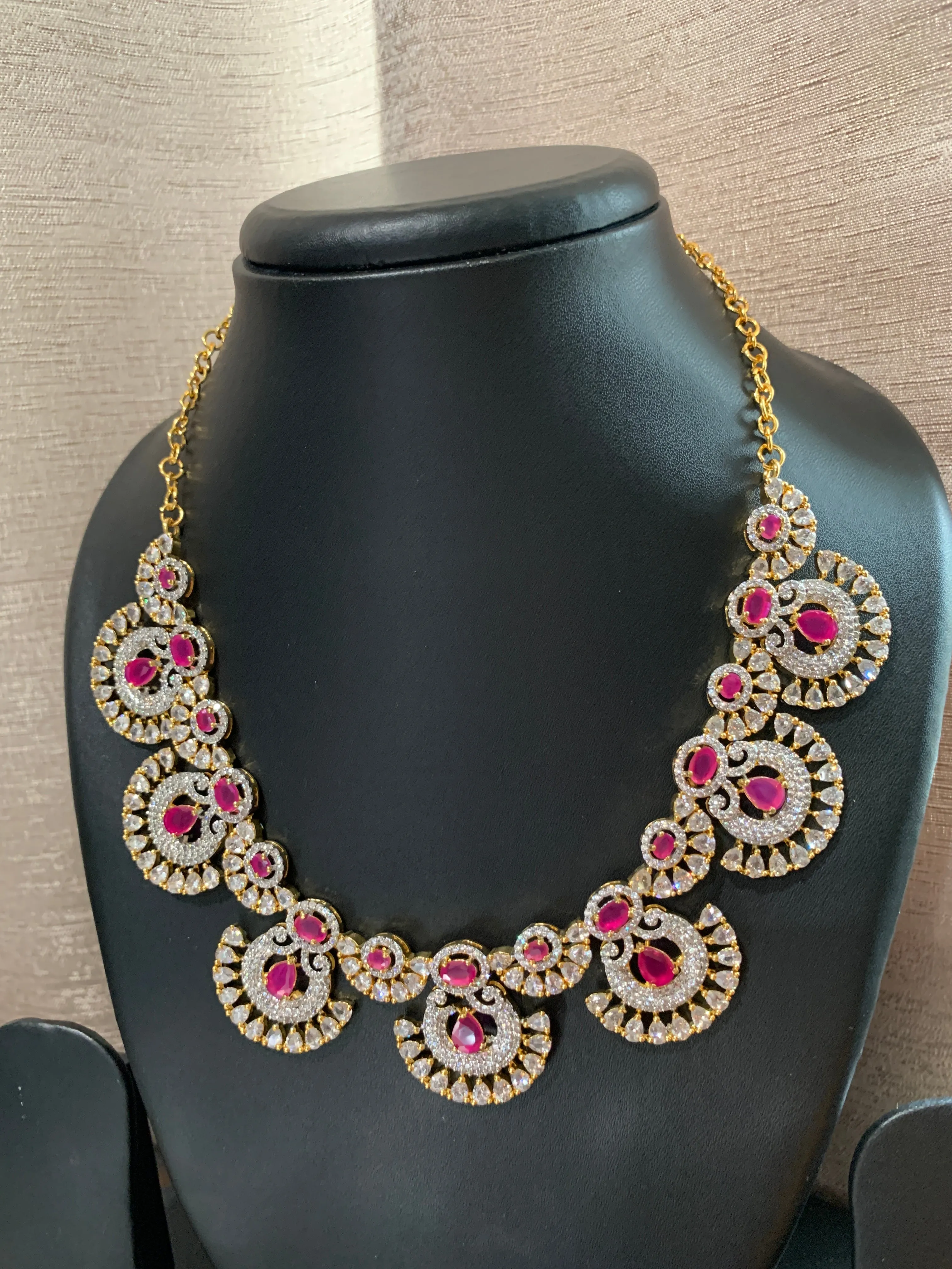 Pink Stone American Diamond Finish Short Necklace