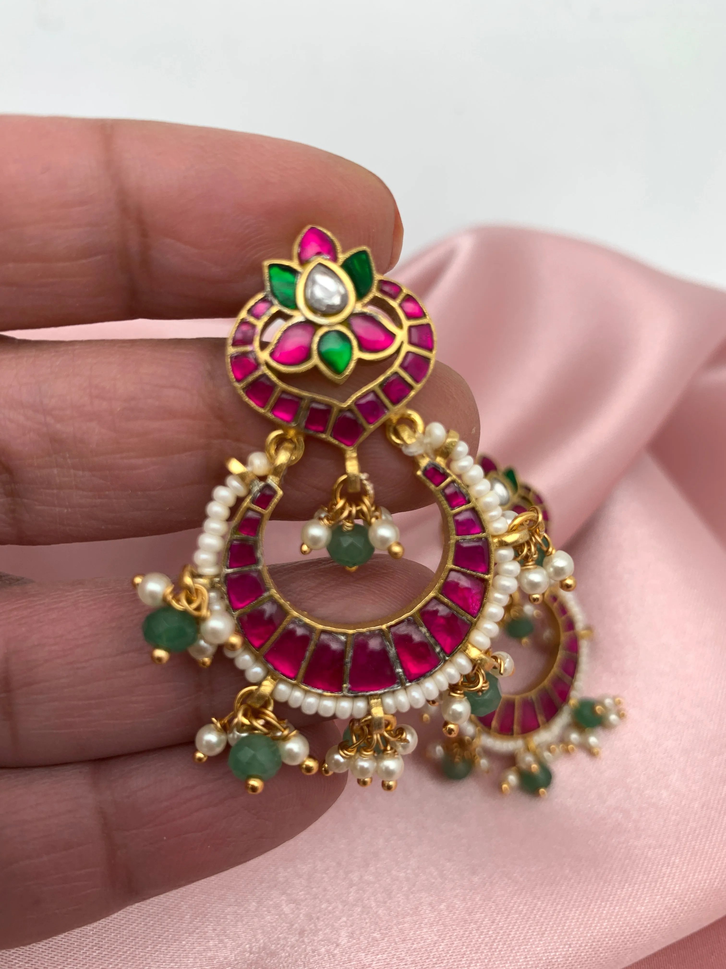 Red Jadau Kundan Emerald Beads Chandbali Earrings