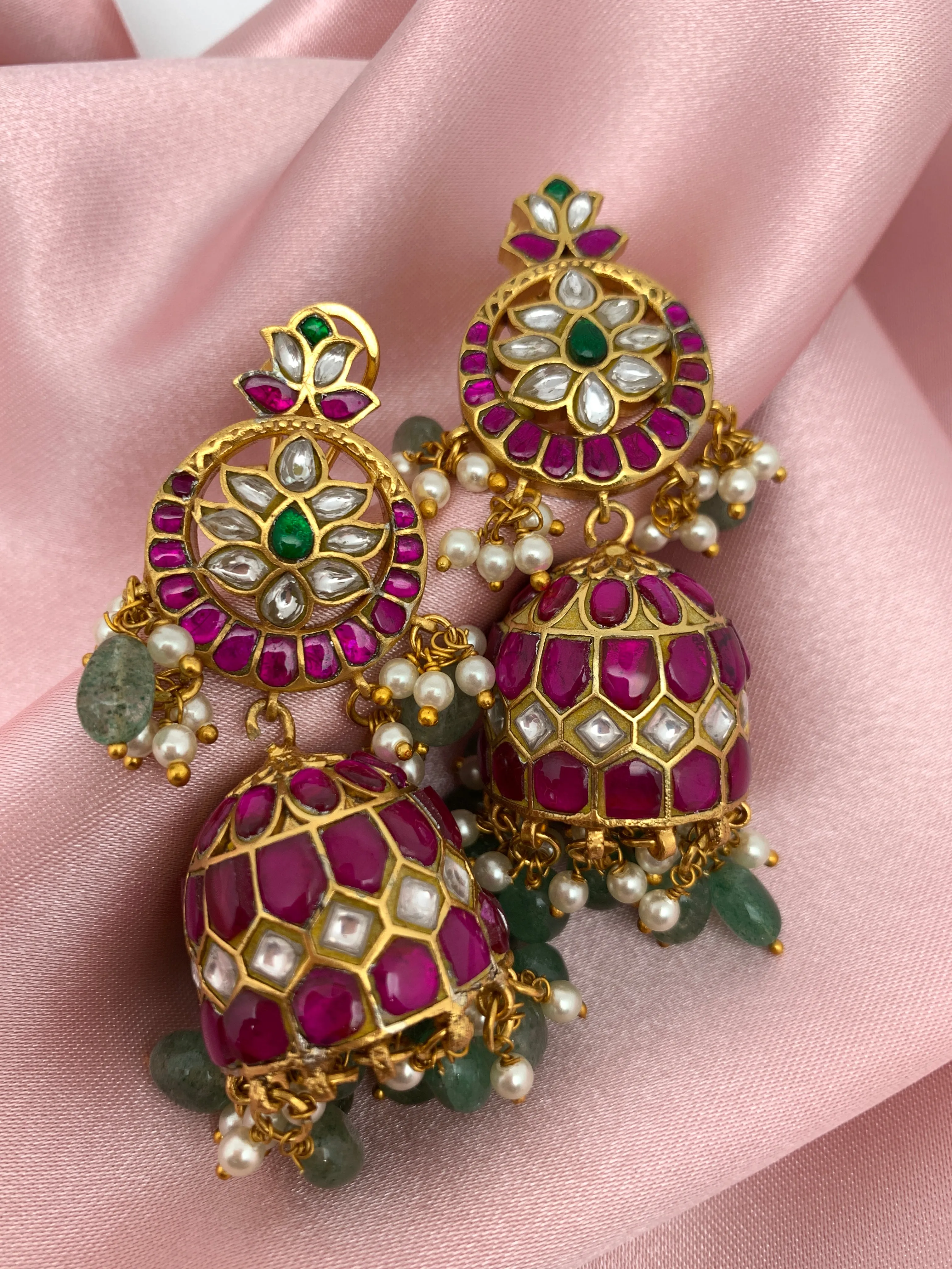 Red Jadau Kundan Emerald Beads Earrings