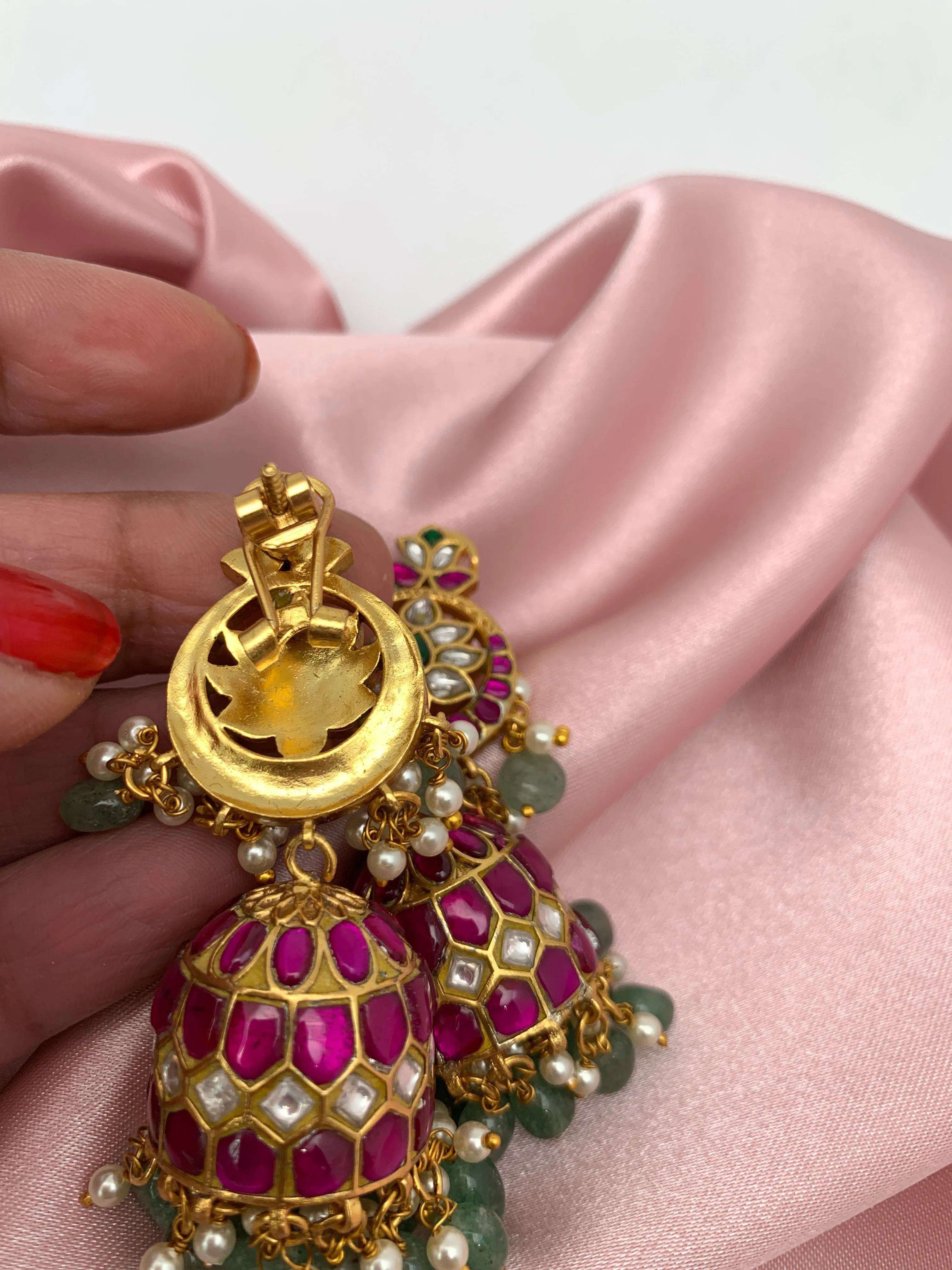 Red Jadau Kundan Emerald Beads Earrings