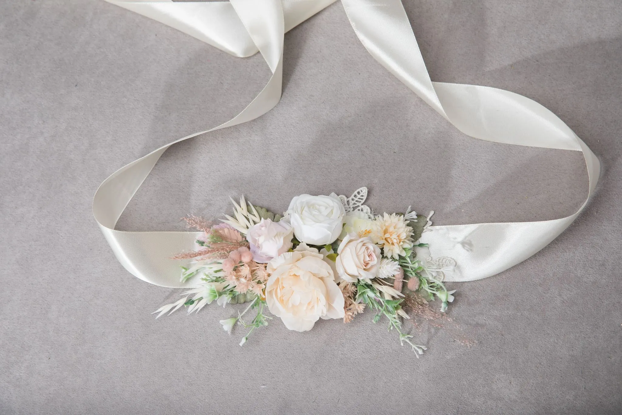 Romantic pastel flower set Bridal set Ivory Flower girl hair clip Boutonniere Flower corsage for groom Wedding belt Blush and peach