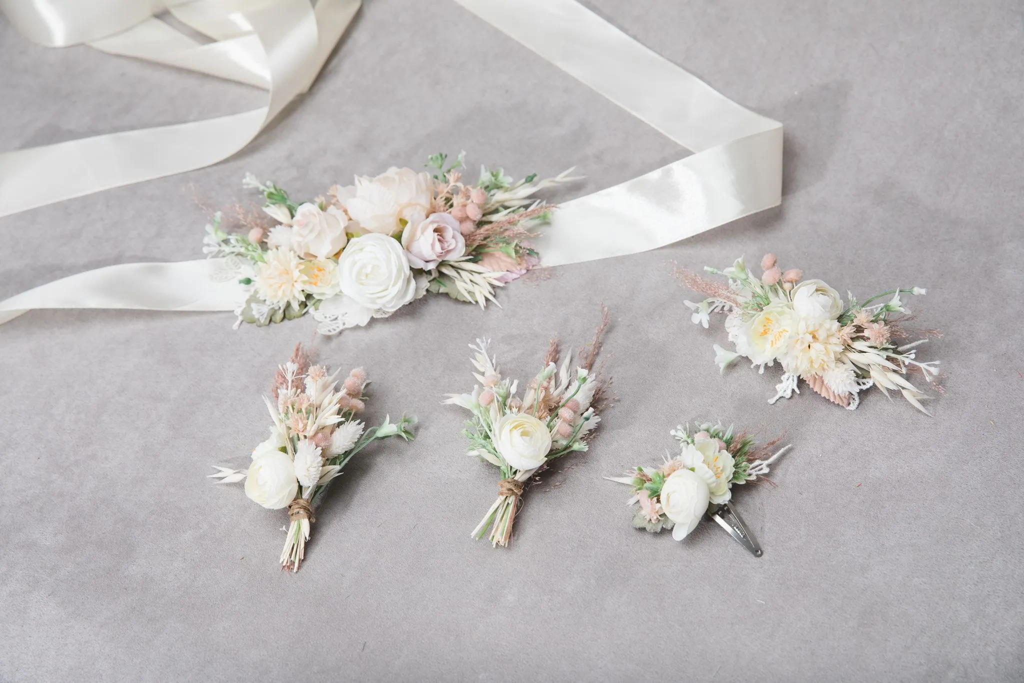 Romantic pastel flower set Bridal set Ivory Flower girl hair clip Boutonniere Flower corsage for groom Wedding belt Blush and peach