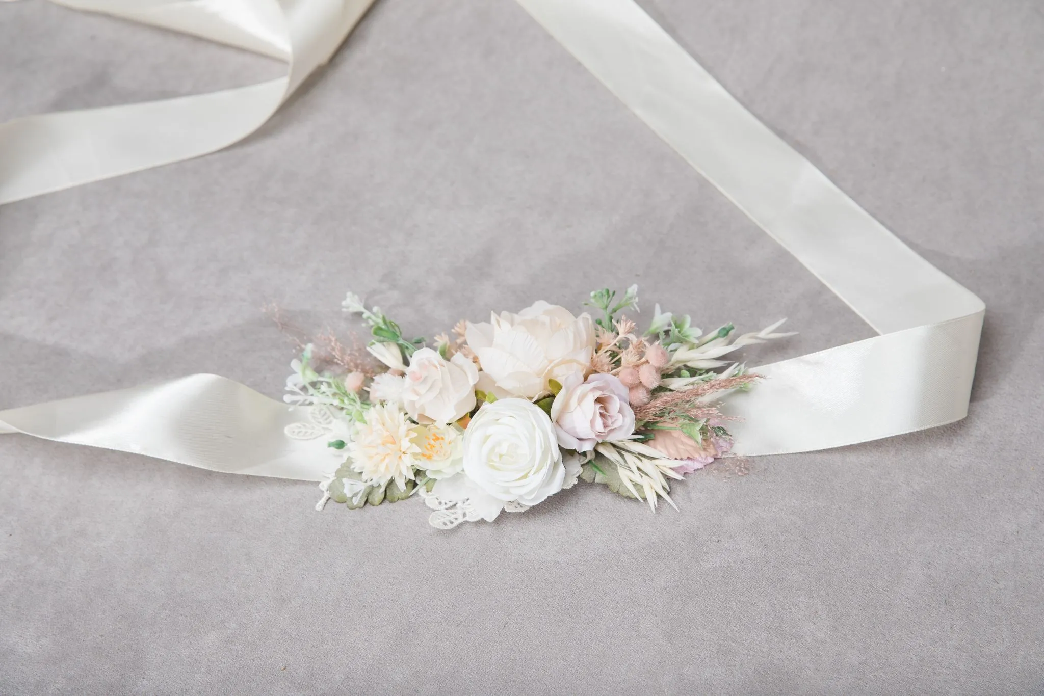 Romantic pastel flower set Bridal set Ivory Flower girl hair clip Boutonniere Flower corsage for groom Wedding belt Blush and peach