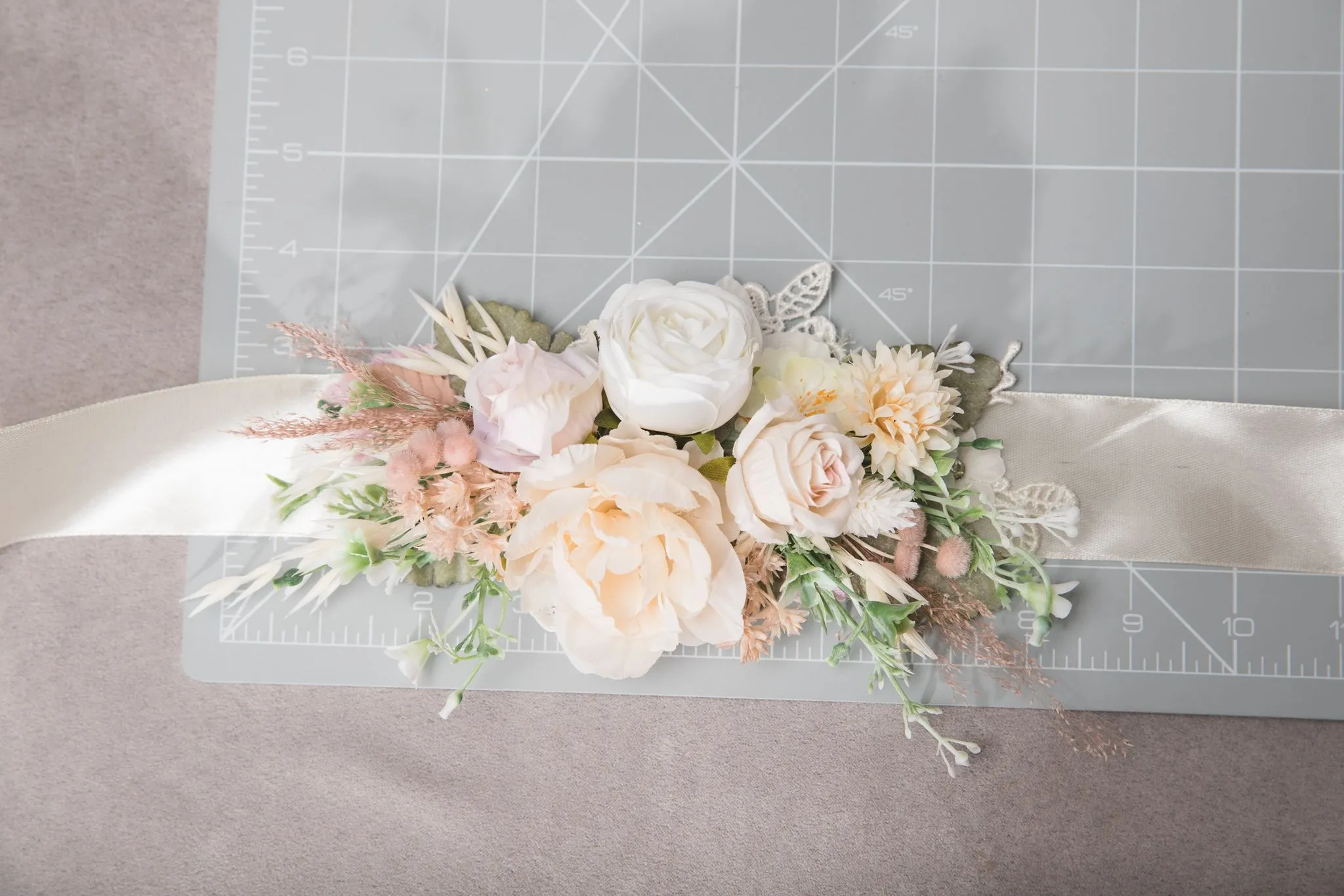 Romantic pastel flower set Bridal set Ivory Flower girl hair clip Boutonniere Flower corsage for groom Wedding belt Blush and peach