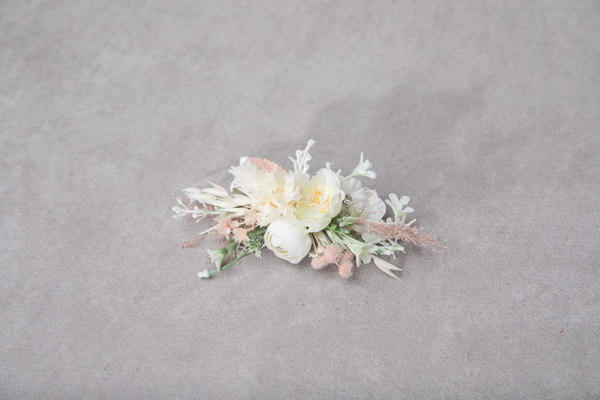 Romantic pastel flower set Bridal set Ivory Flower girl hair clip Boutonniere Flower corsage for groom Wedding belt Blush and peach
