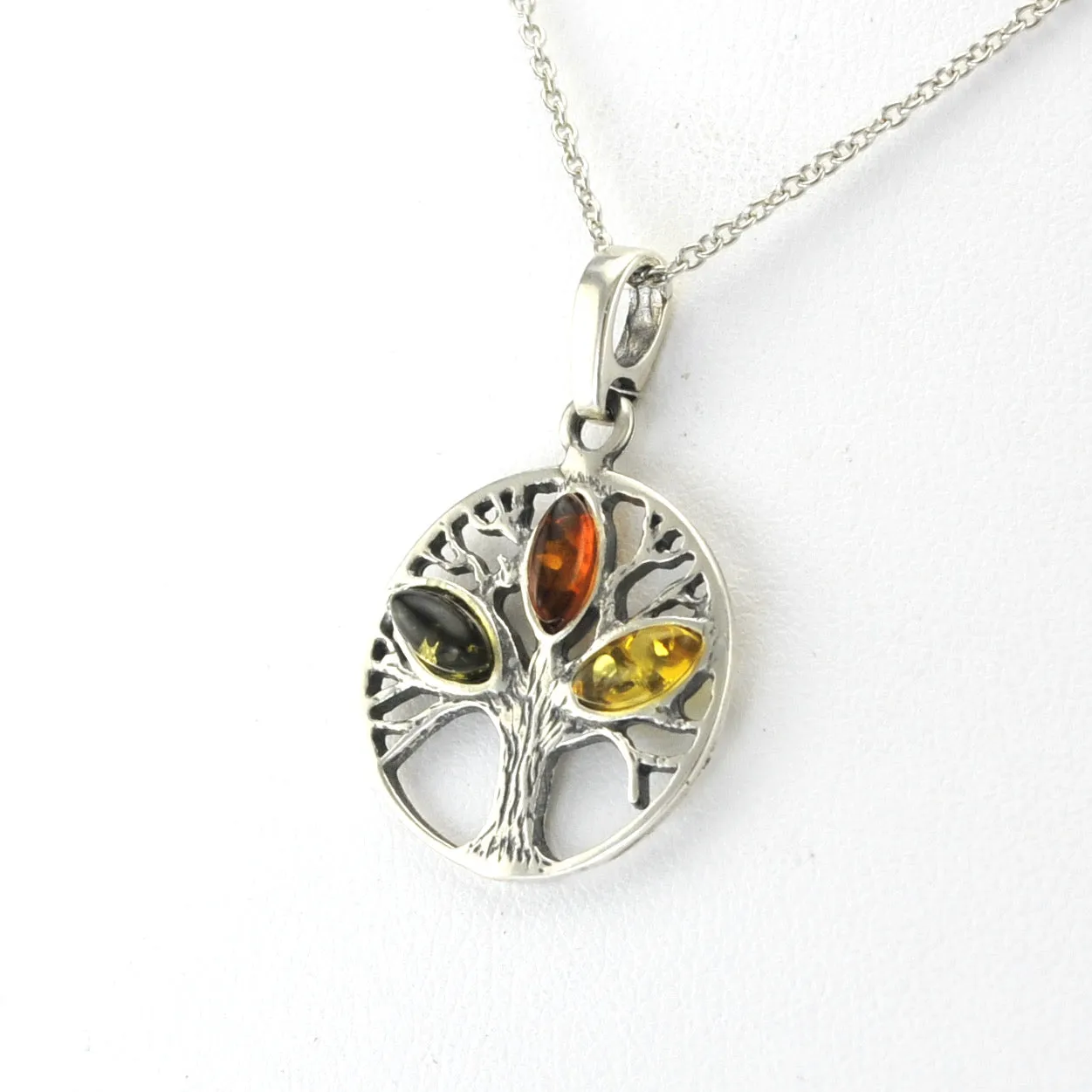 Sterling Silver Tree of Life with Multi Amber Necklace